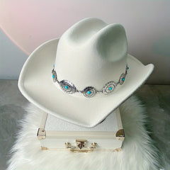Boho Turquoise Chain Fedora Cap Vintage Solid Jazz Hat Unisex