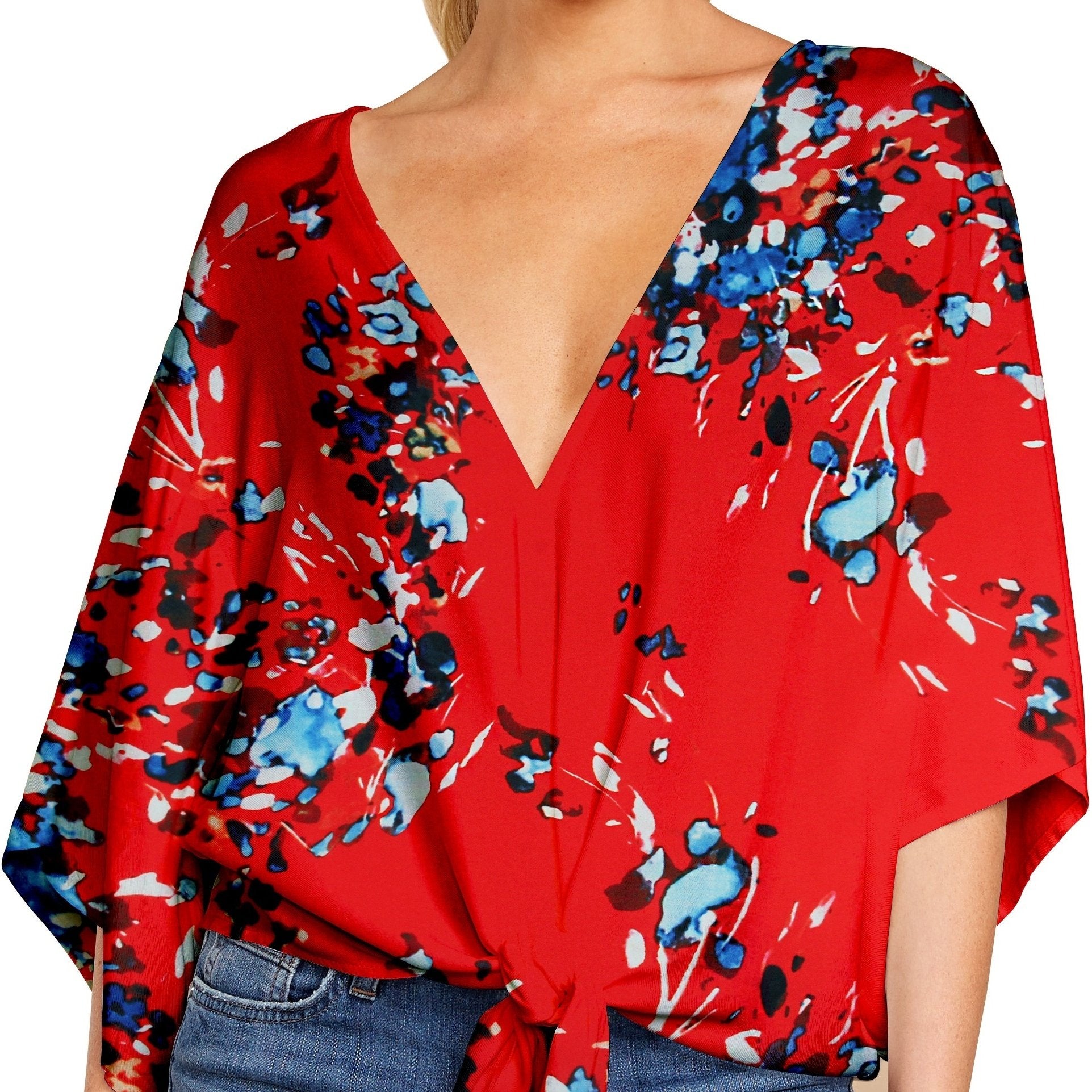 Floral Print V Neck Tie Sleeve Blouse