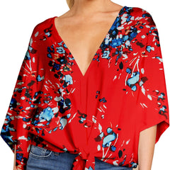 Floral Print V Neck Tie Sleeve Blouse