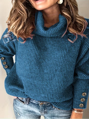 Solid Turtleneck Sweater with Button Decor