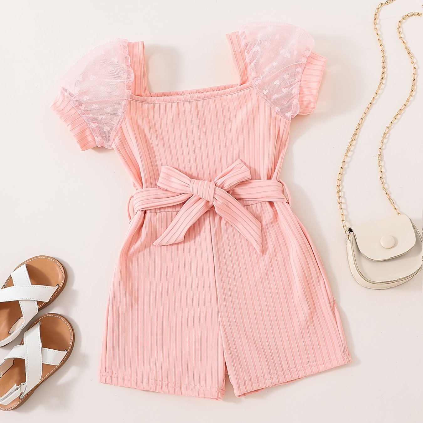 Girls Mesh Heart Puff Sleeve Romper Square Neck Jumpsuit