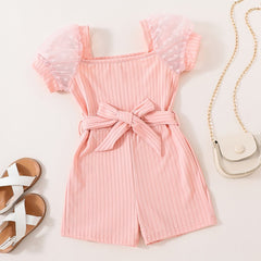Girls Mesh Heart Puff Sleeve Romper Square Neck Jumpsuit