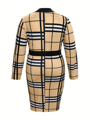 Women's Plus Plaid Print V Neck Slim Fit Belted Dress