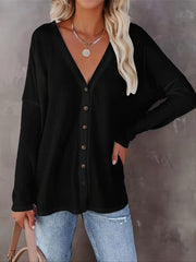 V Neck Button Cardigan Drop Shoulder Long Sleeve