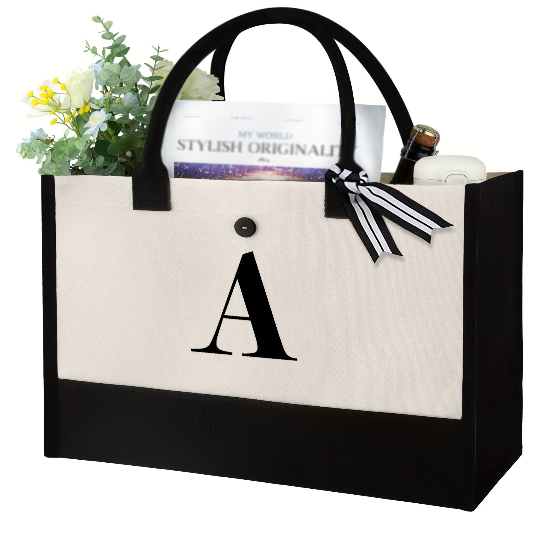 Letter Pattern Handbag Tote Bag Canvas Shopping Bag Large Capacity Travel Bag