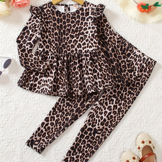 Girls 2pcs Leopard Print Long Sleeve Top & Pants Set Ruffle Casual Kids Clothes
