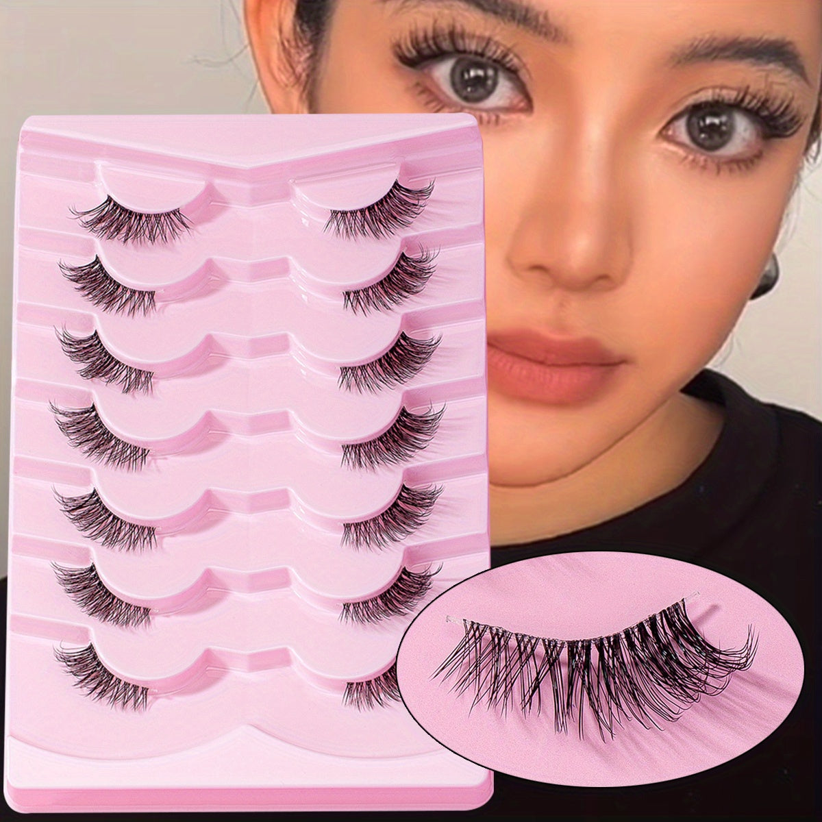 7 Pairs Fluffy Half Eye Lashes Faux Mink Extensions Transparent Stems