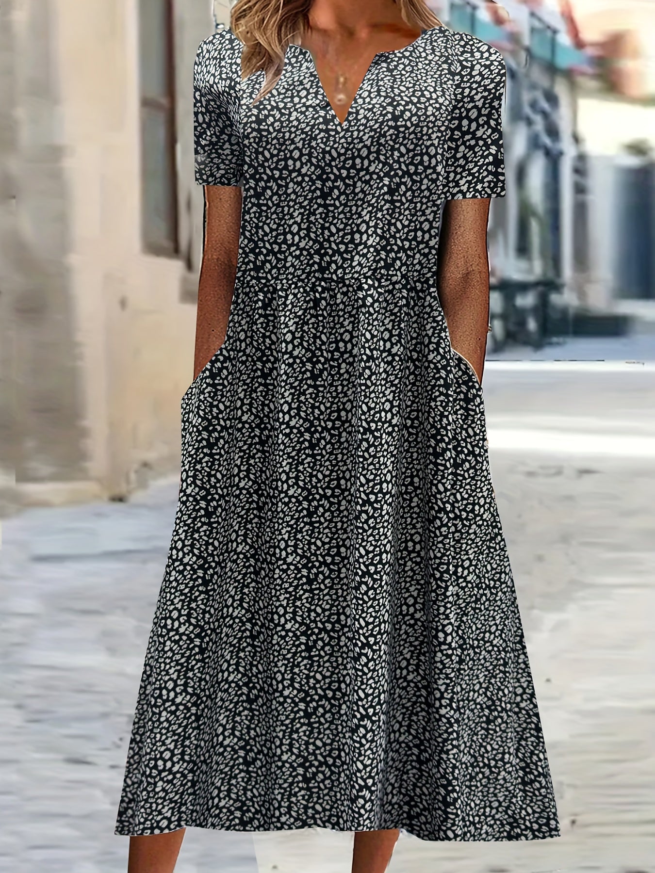 Dalmatian Print Short Sleeve Dress with Pockets