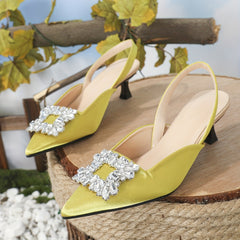 Yellow Rhinestone Kitten Heel Slingback Pumps