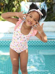 2pcs Toddler Girls Animal One Piece Swimsuit & Headband Set