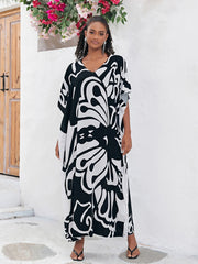 Plus Size Boho Kaftan Dress Women's Plus Butterfly Print V Neck Beachwear Maxi