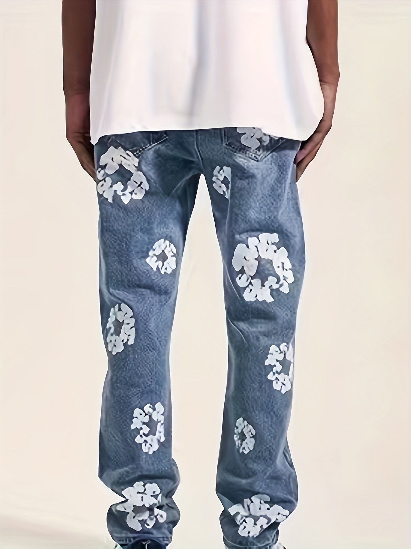 Men's Printed Denim Jeans Straight Leg Casual Street Style