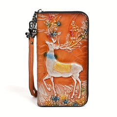 Vintage Leather Women's Wallet with Deer Print Orange & Light Brown