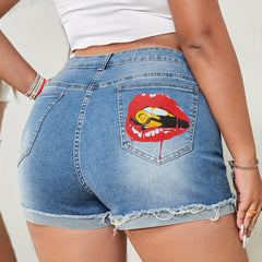 Casual Denim Shorts Women's Plus Mouth Print Ripped