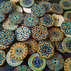 100pcs Wooden Sewing Buttons Flower Painting Round 2 Hole Bohemian Buttons