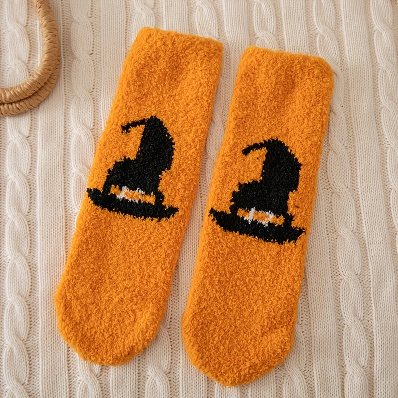 Halloween Pumpkin & Bat Print Socks & Funny Fuzzy Women's Stockings