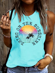Coconut Tree & Letter Print Tank Top Sleeveless Crew Neck Casual Top