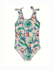 Girl's Parrot Pattern Onesie Swimsuit Bowknot Tankini