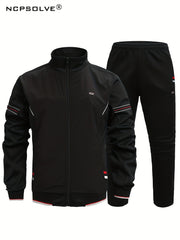 Men's Striped Sports Suit Stand Collar Jacket & Stretch Pants