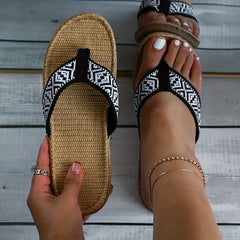 Women's Braided Straps Flip Flops Linen Sole Flat Beach Shoes