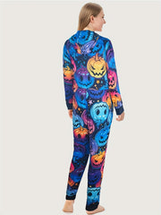 Pumpkin Print Hooded Jumpsuit Halloween Pajamas