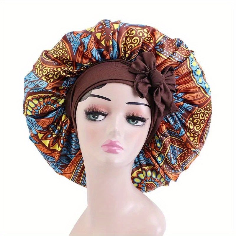 Boho Print Satin Bonnet Large Sleep Cap Bowknot Tied Hair Bonnet
