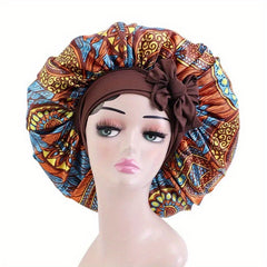 Boho Print Satin Bonnet Large Sleep Cap Bowknot Tied Hair Bonnet