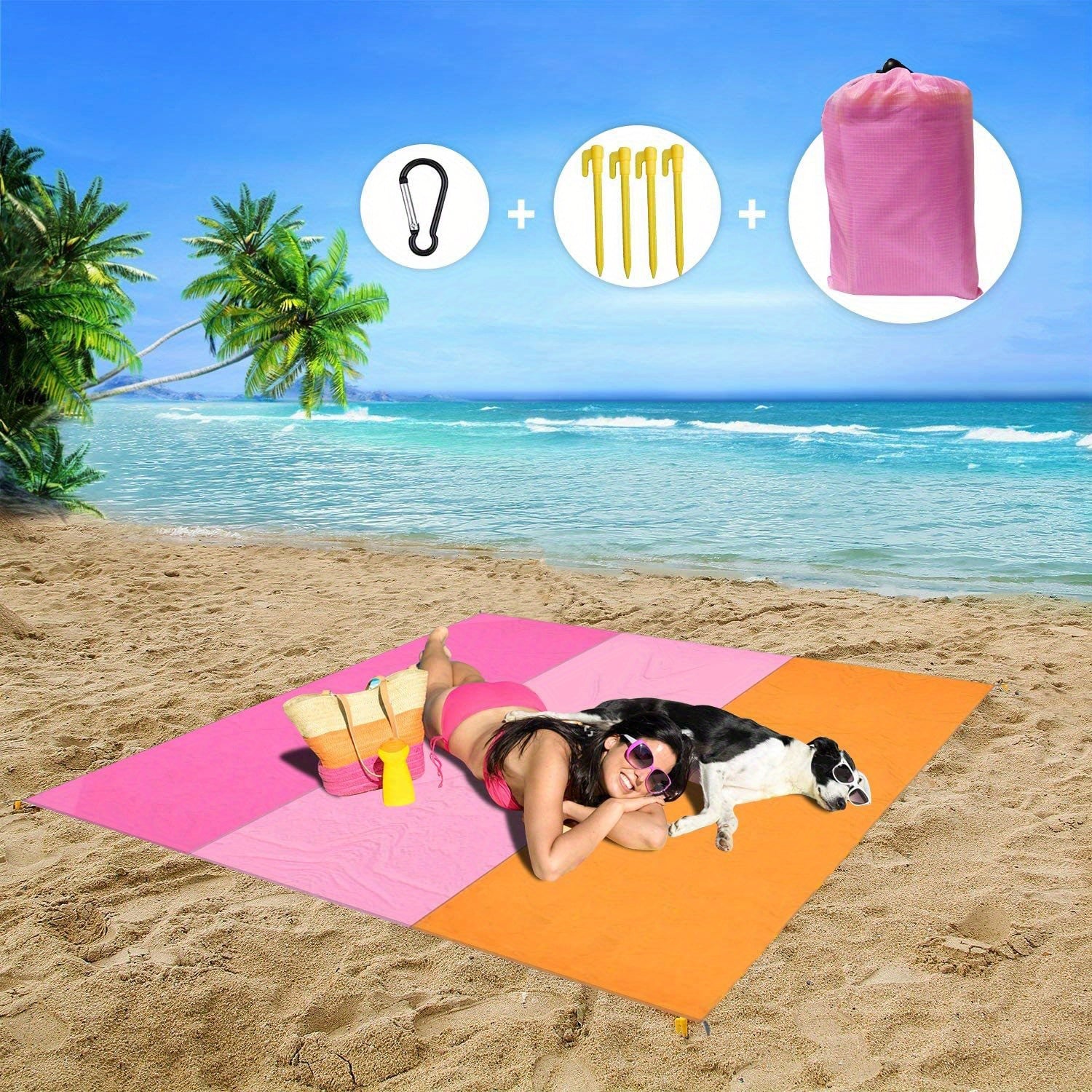 Waterproof Sandproof Beach Blanket Large Size with 4 Nails & Storage Bag