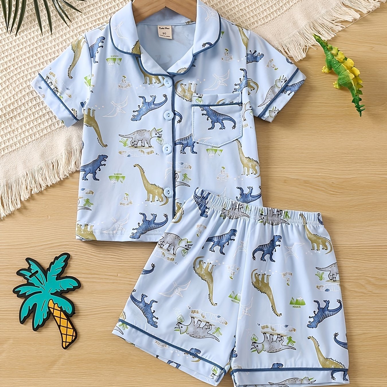 2pcs Boys Dinosaur Print Short Sleeve Pajama Set for Summer