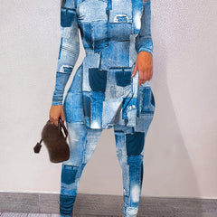 Denim Print 2pcs Set Long Sleeve T-shirt & Skinny Pants