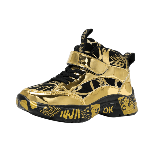 Boys Golden Sneakers With Irregular Pattern Anti Slip Hook And Loop Fastener
