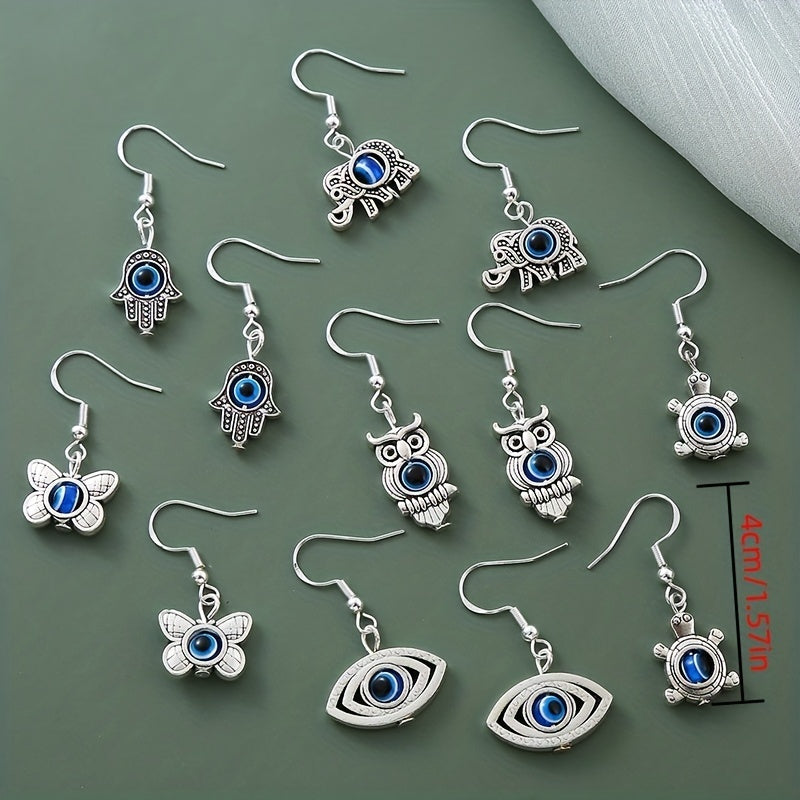 6 Pairs Lucky Stone Eyes Animal Drop Earrings Set