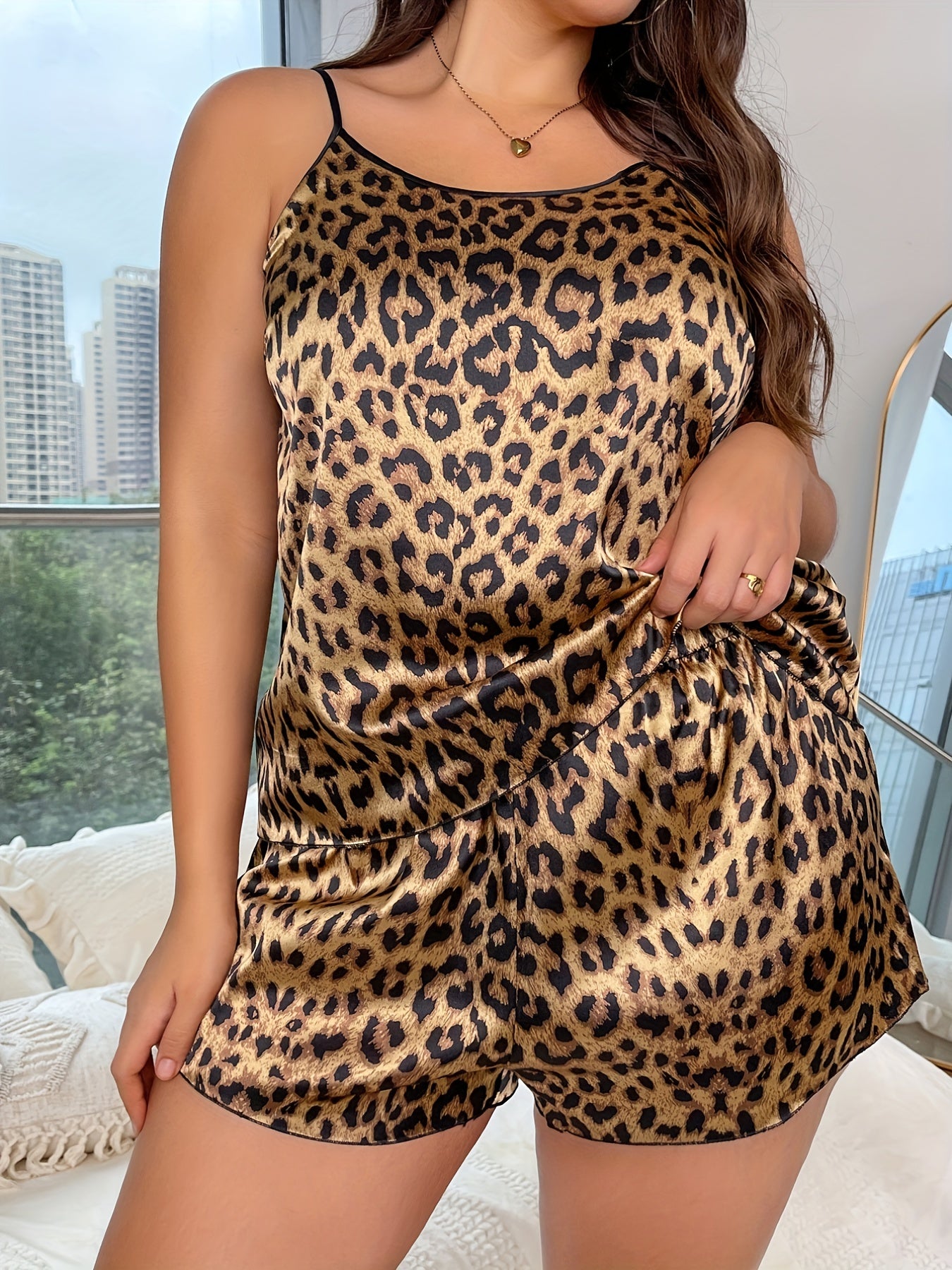 Leopard Print Satin Pajama Set Women's Plus Camisole & Shorts
