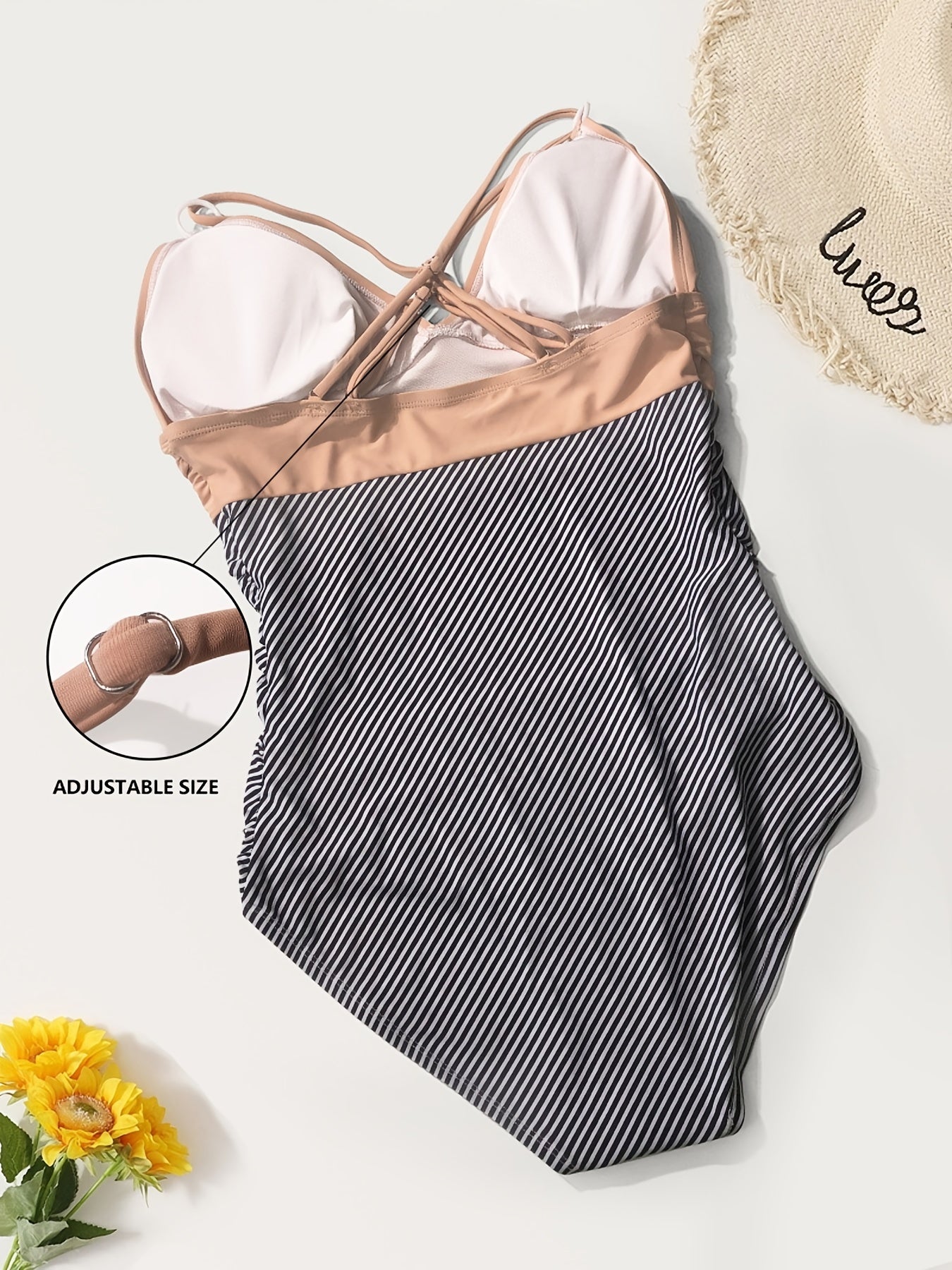 Striped Print One Piece Swimsuit V Neck Criss Cross Straps Tummy Control