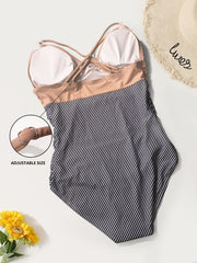 Striped Print One Piece Swimsuit V Neck Criss Cross Straps Tummy Control