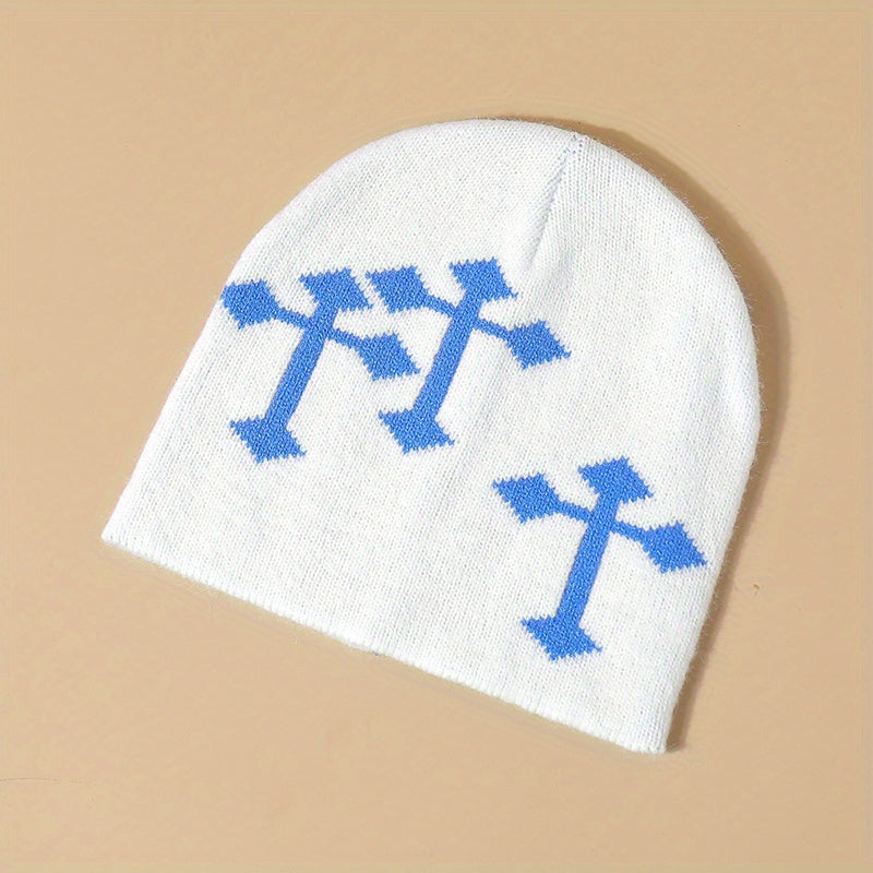 Cross Jacquard Gothic Beanie Y2K Knit Hat Solid Elastic Skull Hat
