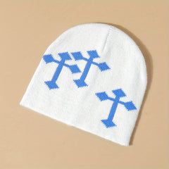 Cross Jacquard Gothic Beanie Y2K Knit Hat Solid Elastic Skull Hat