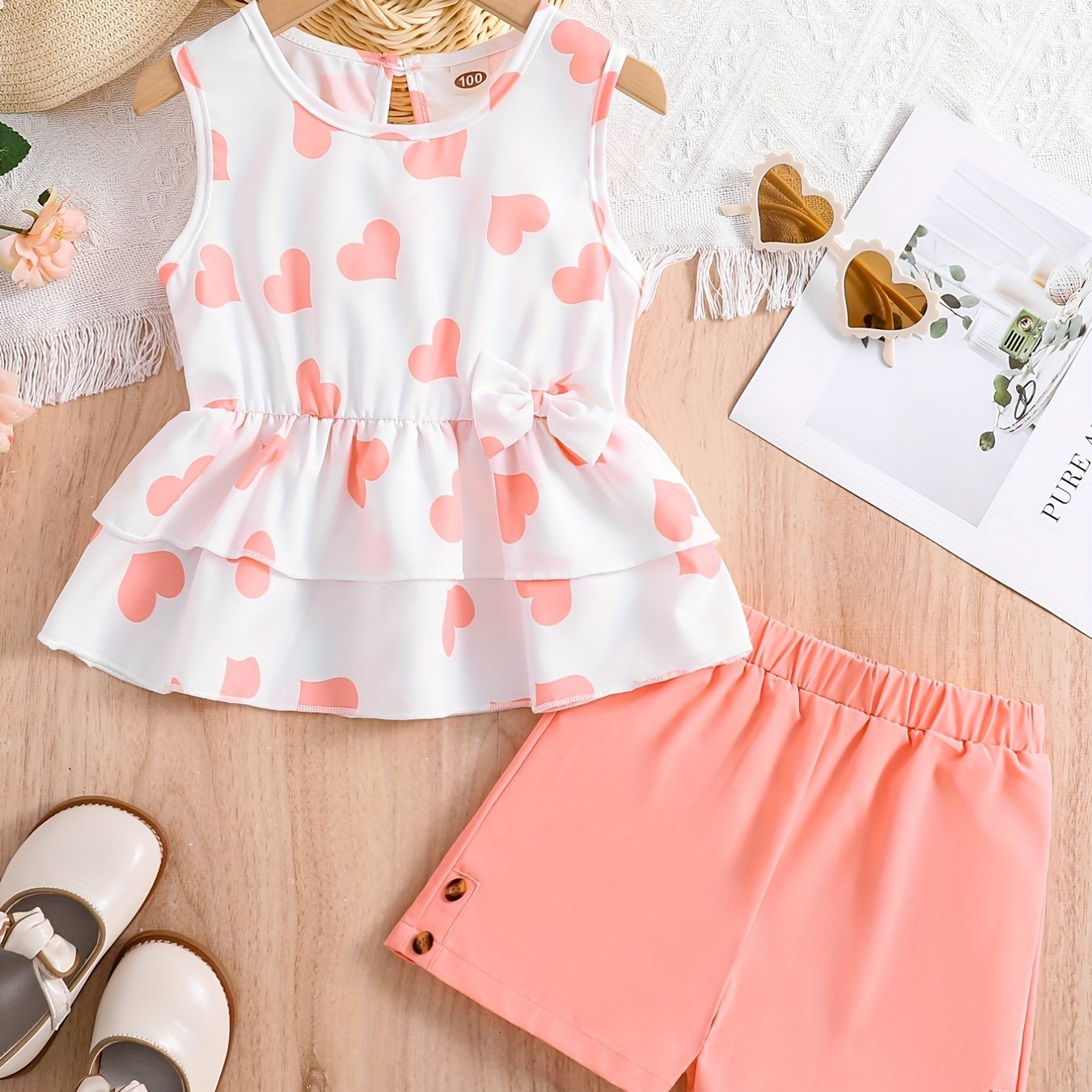 Girls Heart Graphic Peplum Top & Shorts Set for Summer Holiday