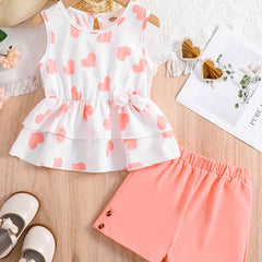 Girls Heart Graphic Peplum Top & Shorts Set for Summer Holiday
