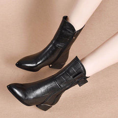 Women's Grid Pattern Mid Calf Boots Side Zipper Low Heel Shoes