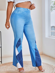 Denim Print Geometric Bell Bottom Leggings High Rise Flared Pants