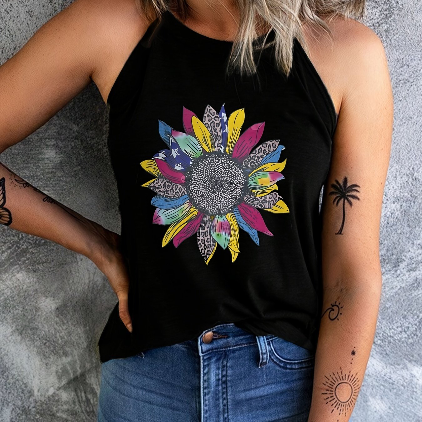 Colorblock Flower Print Top Halter Neck Summer Sleeveless Top