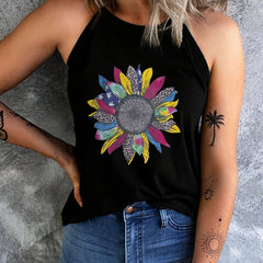 Colorblock Flower Print Top Halter Neck Summer Sleeveless Top