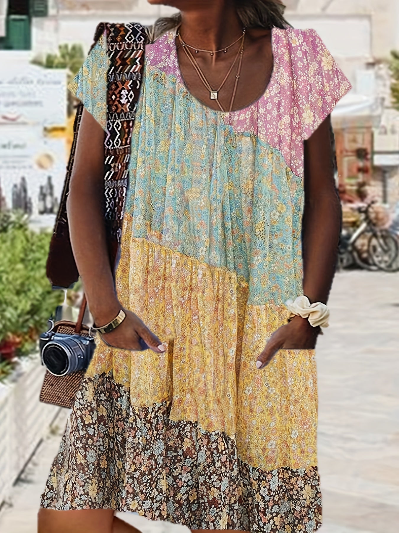 Colorblock Print Short Sleeve Plus Size Dress with Pockets