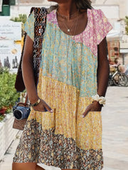 Colorblock Print Short Sleeve Plus Size Dress with Pockets