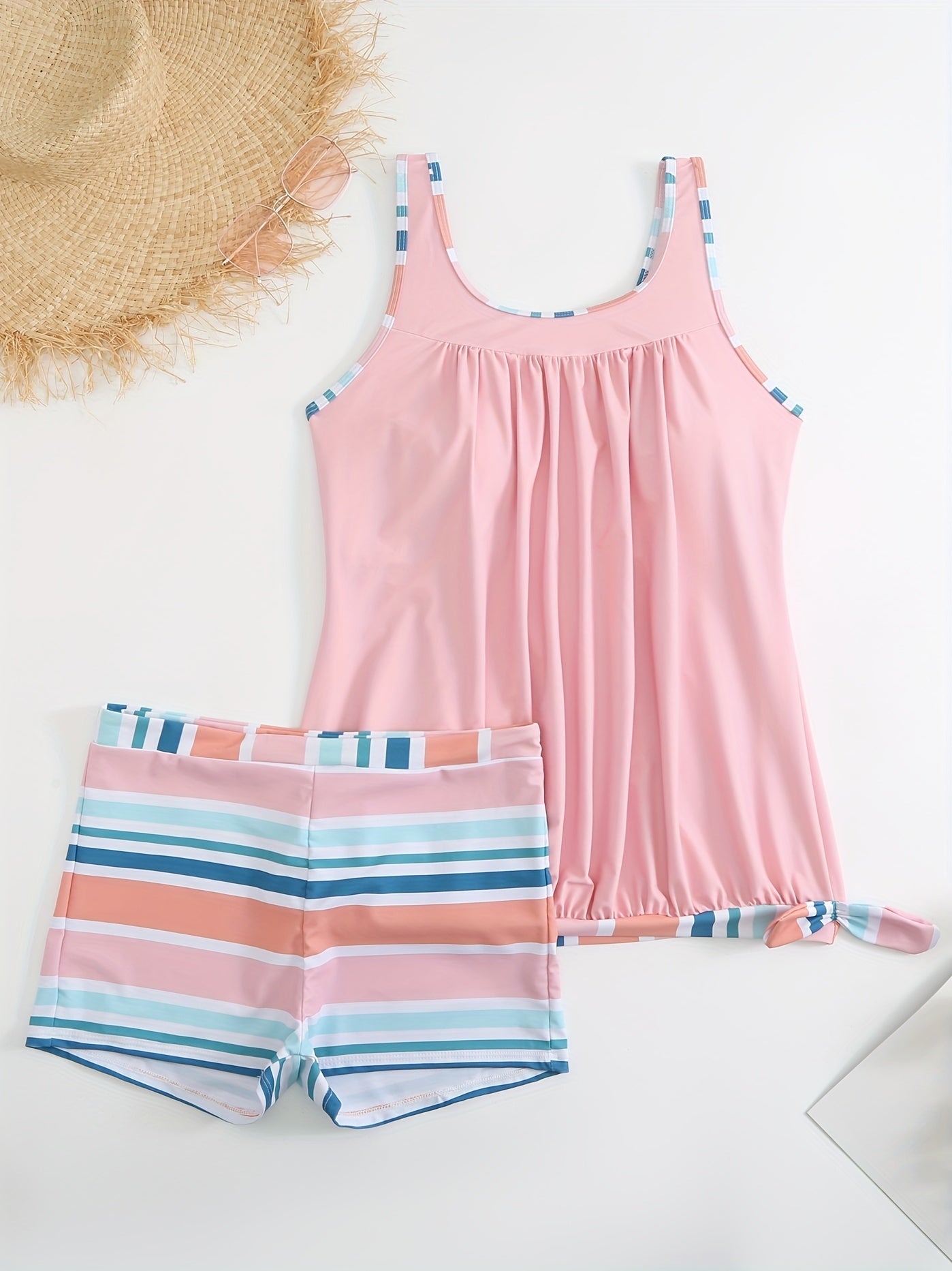Modest Tankini Set Women's Plus Stripe Print Ruched Tank Top & Shorts