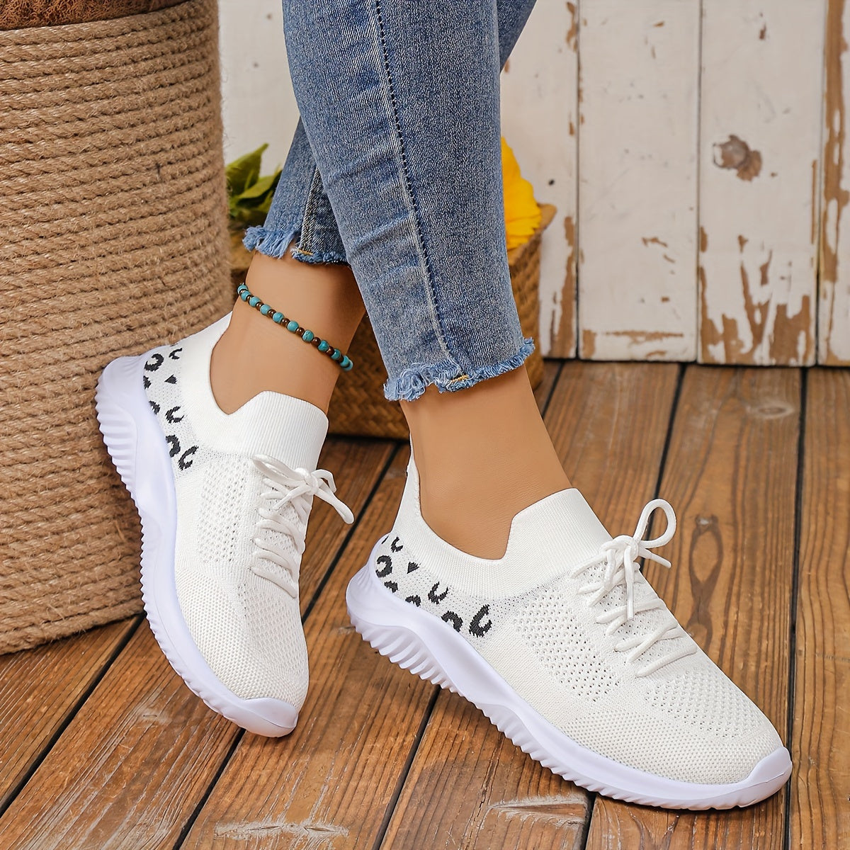 Leopard Lace-up Sneakers Mesh Sport Running Shoes