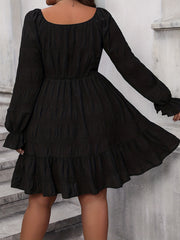 Solid Ruched Flounce Sleeve Square Neck Smock Dress