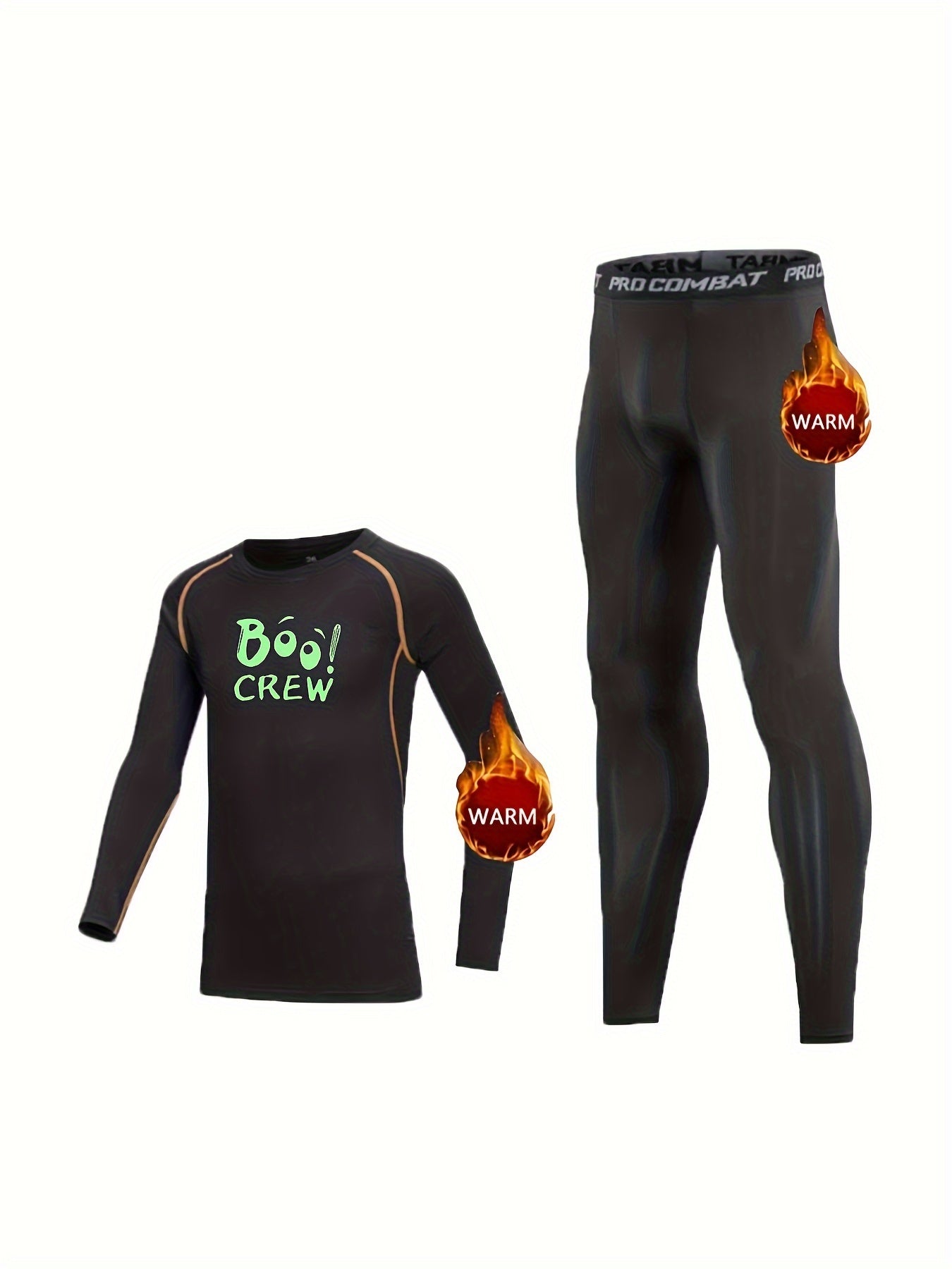 2pcs Kids Fleece Compression Sets Crew Print Pullover Matching Pants