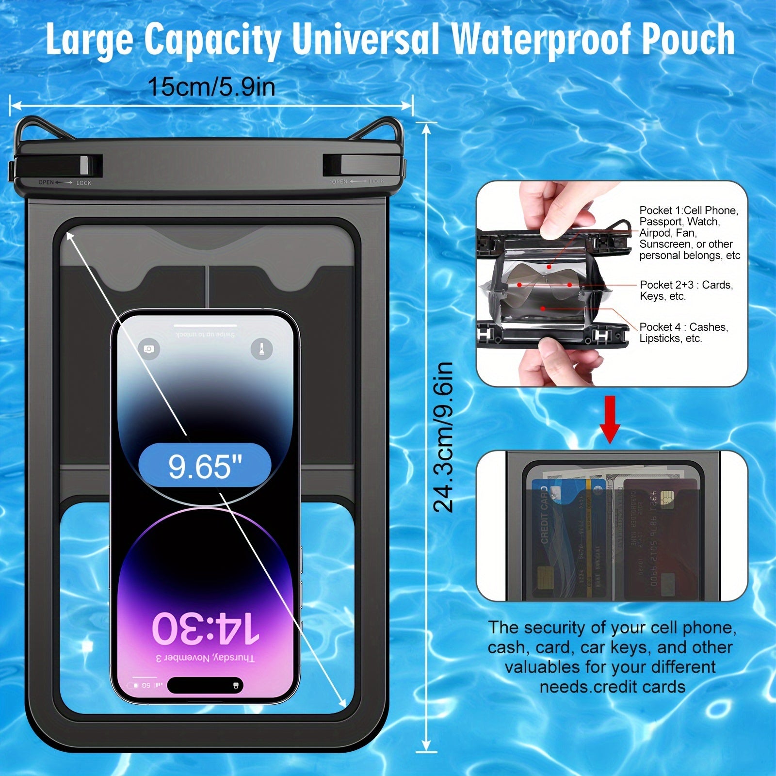 2pc 26 Waterproof Phone Pouch IPX8, iPhone 15 14 13 Pro Max, Galaxy S23 Ultra